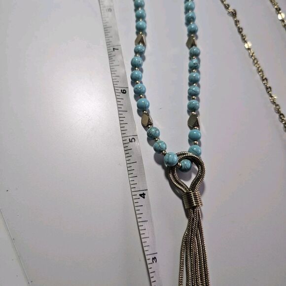 Gold Tone Long Necklace With Turquoise And Tassel Pendant 40 To 43" - Picture 8 of 13